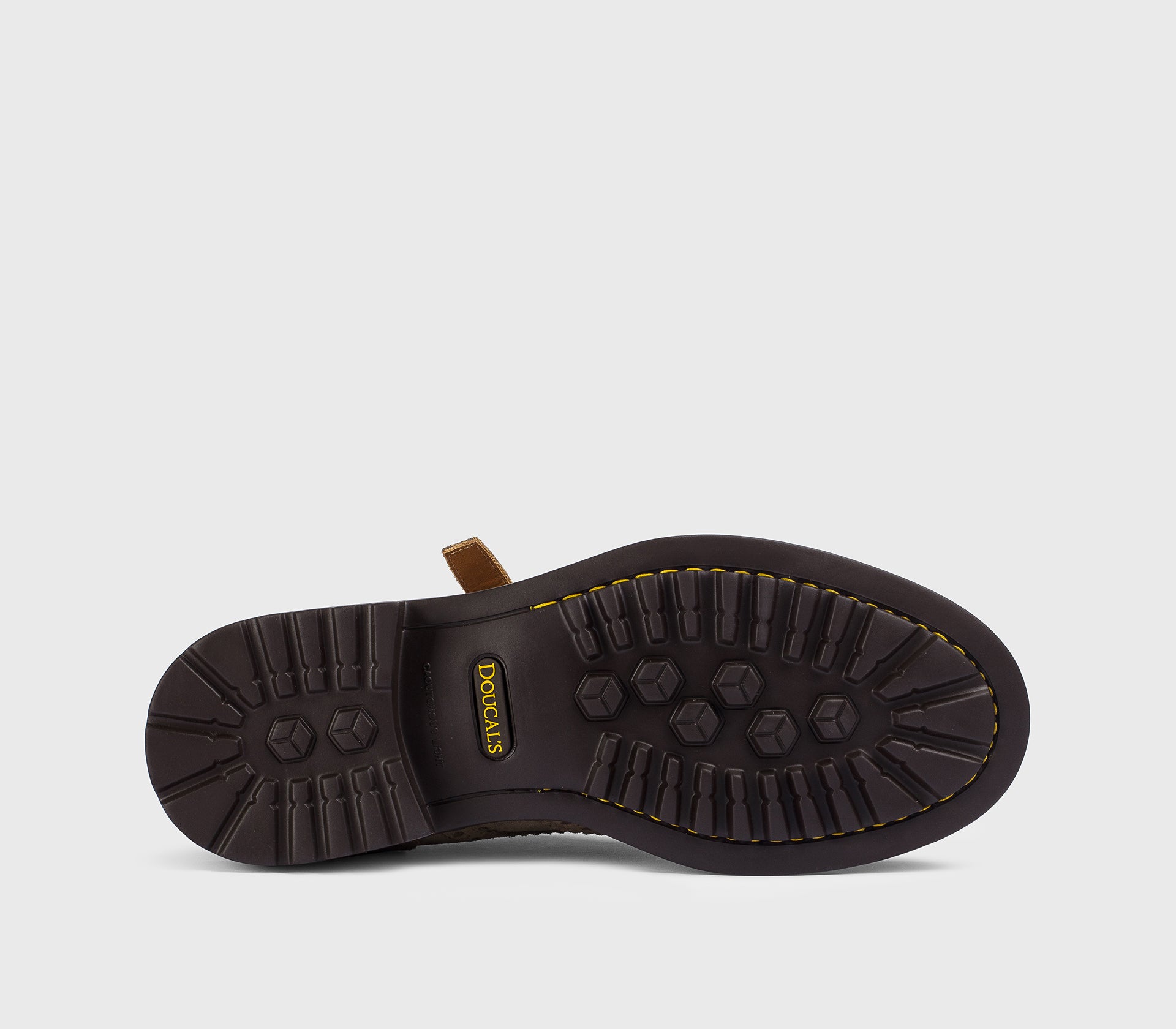 Cocoa-coloured suede double-buckle shoe with “loop” detail